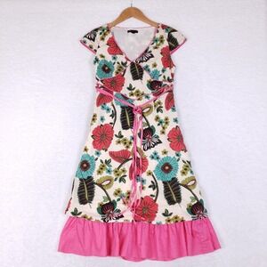 Mor Mor Floral A-Line Dress Pink Ruffle Hem V-Neck Side Zip Sz M Boho Chic